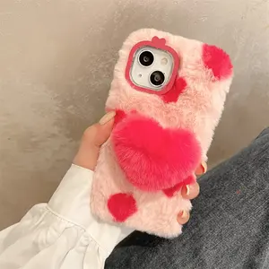 Funda de teléfono de felpa de piel cálida de invierno <span class=keywords><strong>peluda</strong></span> con corazón de amor lindo 3D para iPhone 14 13 12 11 Pro XS Max Plus funda trasera suave y esponjosa - Product Image 2