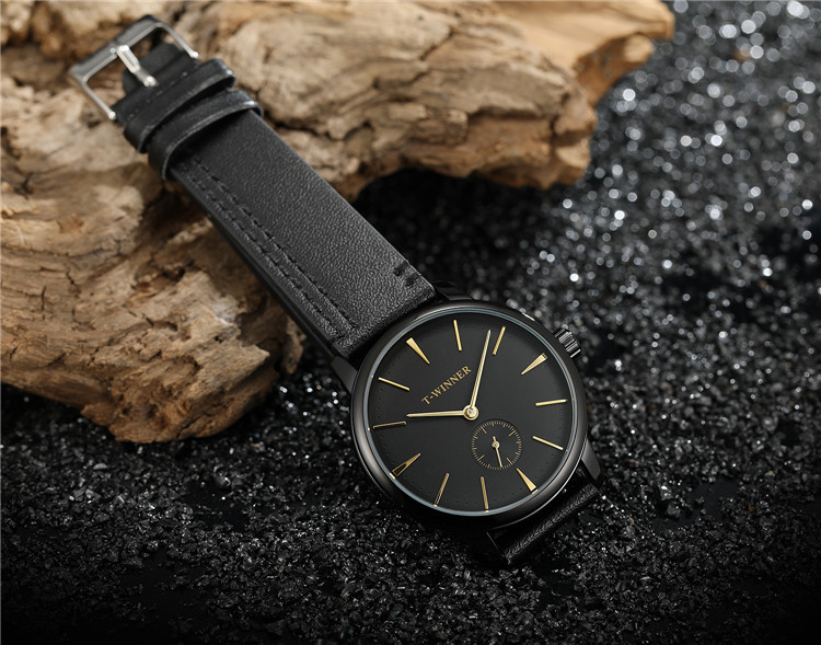 Мужские механические часы с автоматической цепью T-Winner 8165, простые деловые мужские наручные часы с маленьким циферблатом и ремешком из натуральной кожи