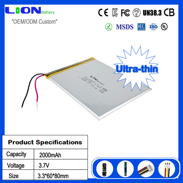 No Customization Required, Fast Shipping Rechargeable 3mm Thick Ultra-thin Lithium Battery 3.7V Lipo306080 336080 305070 2000mAh
