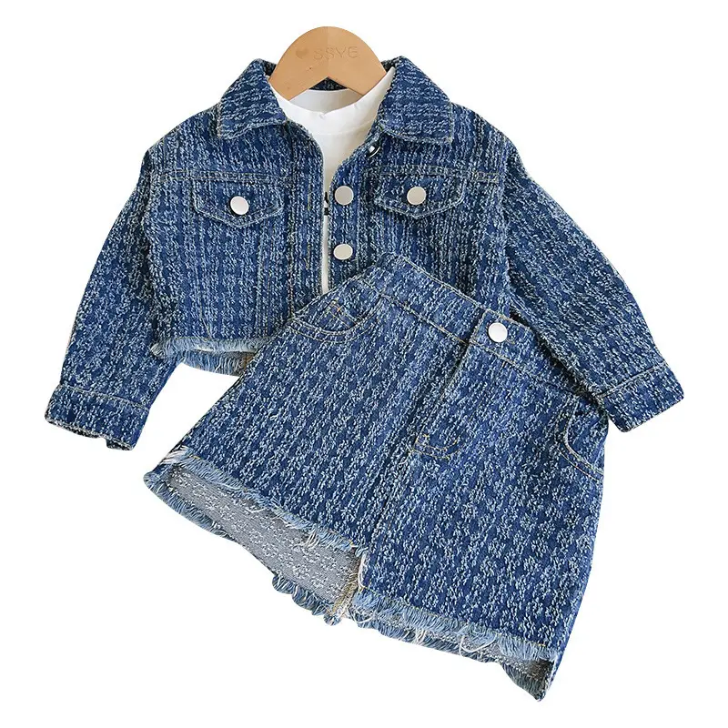 Neuankömmling Kleinkind Mädchen Langarm Jeans hemd mit Revers A-Linie Rock Outfit Kleidung Set für Kinder