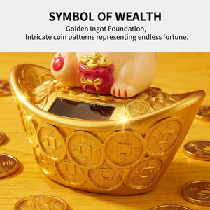 Ornement de chat porte-bonheur solaire en ABS, <span class=keywords><strong>Maneki</strong></span> <span class=keywords><strong>Neko</strong></span> qui agite automatiquement la main, avec base lingot d'or, décoration Feng Shui pour la prospérité, idéal comme cadeau - Product Image 3