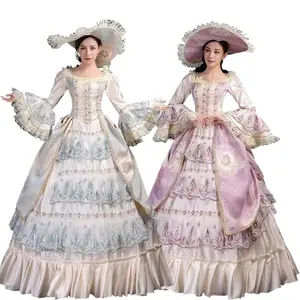 Women Medieval Royal Rococo Baroque Style Costume Deluxe Lace Trim Ball Gown Victorian Dress with Hat Customized