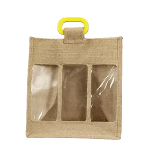 Multipurpose with inside waterproof lamination and PVC window on front jute hessian burlap bag with plastic handle