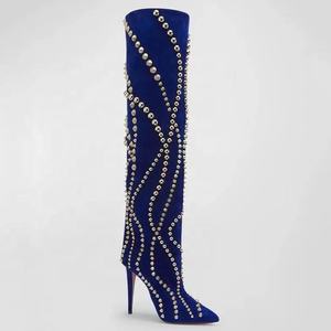 Royal Blue Rivets Mujeres Suede Botas hasta la rodilla Fino Tacón alto Punta estrecha Zapatos de vestir Señoras Stiletto Botines largos - Product Image 5