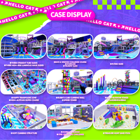 Aire de jeux intérieure sur mesure sur le thème cyberpunk avec trampoline, labyrinthe, piscine à balles, toboggan et parcours d'obstacles ninja