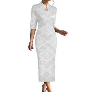 थोक मूल्य बड़े आकार की टाइट ड्रॉप नेक ड्रेस सफेद ग्रे डिजाइन पॉलिनेशियन सामोन जनजातीय पैटर्न ग्रीष्मकालीन पोशाक