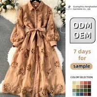 Gaun Midi Wanita Bordir Renda Berongga Khusus Pesta, Bordir Bunga Berongga, Model Slim-Fit, Lengan Mengembang