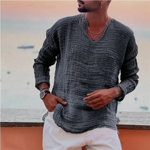 Camicia Estiva da Uomo in <span class=keywords><strong>Cotone</strong></span> e Canapa, Traspirante, Casual, con Scollo a V, Effetto Lavato e Strappato, Maniche Lunghe - Product Image 4