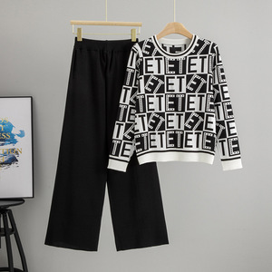Ensemble pull tricoté pour femme avec haut à manches longues imprimé lettres et pantalon large – Tenue décontractée automne-hiver - Product Image 4
