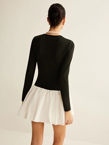 Robe Mini Femme Bicolore Personnalisable Style Boss Lady pour le Bureau, Haut en Jersey à Manches <span class=keywords><strong>Longues</strong></span> et Jupe Plissée, Robe 1 Pièce - Product Image 2