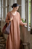 RO9211 Robe longue en lin respirant pour l'automne, style islamique, manches longues, coupe ample, avec lien, Abaya longue pour femmes modestes, usage quotidien