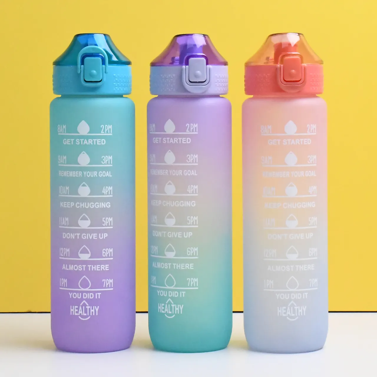 OEM אופנה עיצוב צבעוני ורוד סגול 1000ML קיבולת פלסטיק ספורט מוטיבציה מים לשתות בקבוק עם ידית