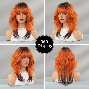 Perruque synthétique ondulée courte de 18 pouces, ombrée, racine foncée à <span class=keywords><strong>orange</strong></span> vif, avec frange, en <span class=keywords><strong>fibre</strong></span> résistante à la chaleur, aspect naturel mat, Peluca - Product Image 5