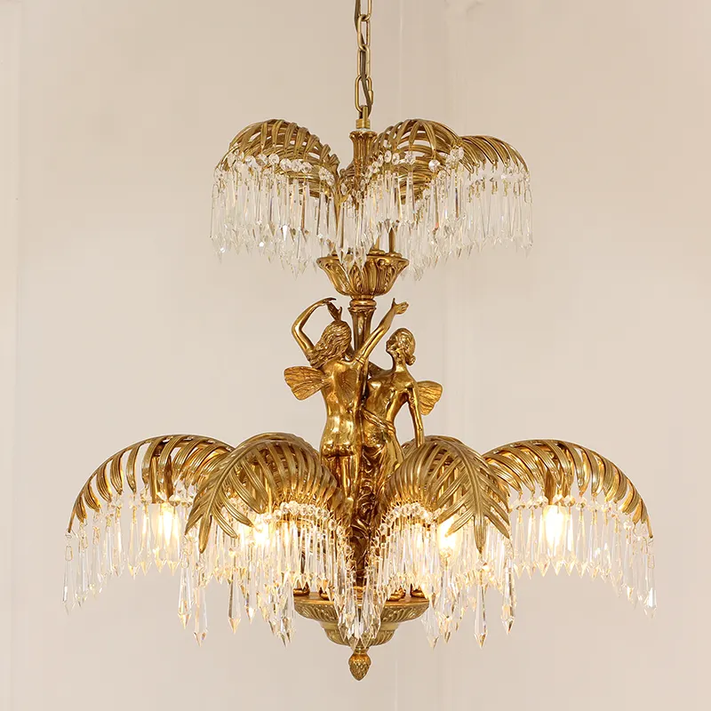 Elegante französische Luxus-Moderne Wohnzimmer-Hänglampe Göttin Zuhause Palme Blatt Messing Led E14 Gold K9 Kristall-Kronleuchter