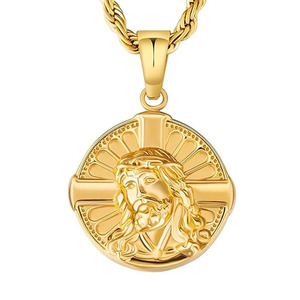 Collier pour homme avec pendentif médaillon vintage en or, motif croix/cercle Saint-Christophe et Jésus - Product Image 3