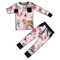 Vêtements pour bébé fille en bambou vintage à imprimé animal personnalisé, 95% viscose de bambou, 5% élasthanne, ensemble jogging respirant à manches longues