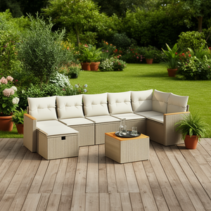 Conjunto de Sofás de Jardín Beige de 6 Plazas, Muebles de Ratán para Exteriores con Almacenamiento, Diseño Contemporáneo - Product Image 2