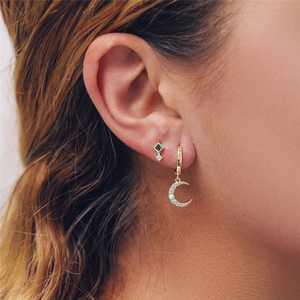Pendientes Colgantes Asimétricos de Plata de Ley S925 con Estrella, Luna, Circonita y Ópalo, 18k - Product Image 6