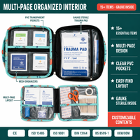 Trousse de premiers secours familiale certifiée CE ISO 13485 ISO 9001 DIN 13164 BS 8599 1 pour enfants, imprimé mignon, tissu Oxford imperméable, personnalisable