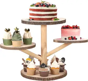 Toptan bambu fincan kek standı parti meyve aperatifler hizmet tepsi 4 Tier yuvarlak ahşap Cupcake standı ahşap Cupcake tutucu