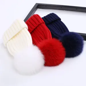 Bonnet d'hiver pour adulte et enfant avec pompon en renard/bonnet chaud tricoté bonnet à pompon en fourrure de renard/bonnet avec gros pompon en fourrure