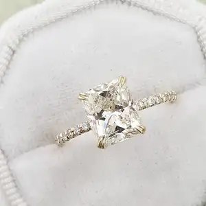 Custom Wholesale Fashion Bling Cushion Cut Yellow Gold Cubic Zirconia Diamond Women Ladies Engagement 925 Sterling Silver Ring