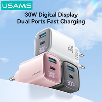 USAMS C229 ponsel PD30w GaN QC, Tipe C pengisi daya Cepat adaptor catu daya tampilan Digital USB C pengisi daya dinding perjalanan
