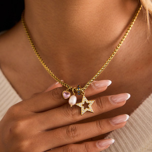 Collier en chaîne dorée avec pendentif étoile, cœur rose, perle et zircon pour femme, à porter au quotidien - Product Image 3