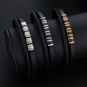 Custom 316l Stainless Steel <b>Men</b> <b>Bracelet</b> Engrave 14k 18k <b>Gold</b> Plated Fashion Multi-layer Leather Braided <b>Bracelet</b> for <b>Men</b> - Product Image 4