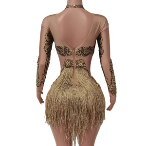 Monos de Manga Larga con Flecos Dorados Sexys para Carnaval, Fiesta, Pole Dance, Body de Una Pieza con Pedrería para Mujer - Product Image 3