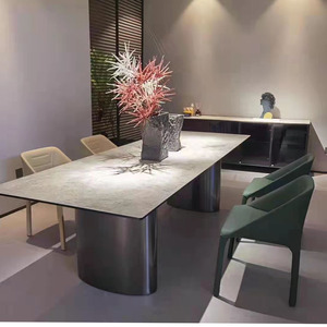 Modern luxe Italiaans design meubilair hoogglans roestvrijstalen metalen grote eettafel sets met rotsplaat blad - Product Image 2