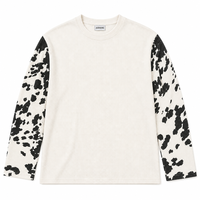 T-shirt oversize à manches longues en maille gaufrée pour hommes, style streetwear, avec patchwork coloré et imprimé vache, col rond, personnalisable pour fabricants