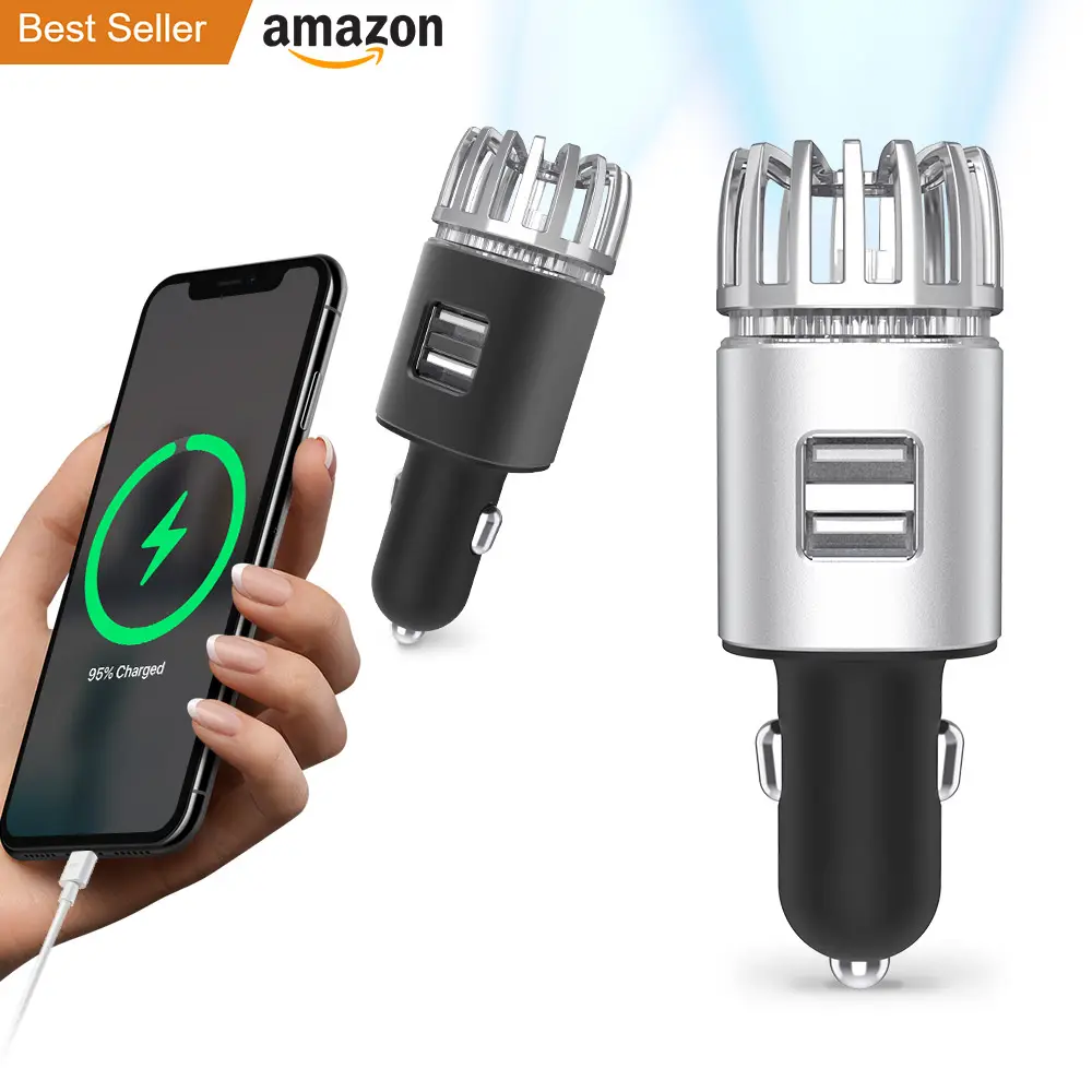 Purificador de aire 2 en 1 para coche, Cargador USB inteligente, iones negativos iónicos, purificador de aire