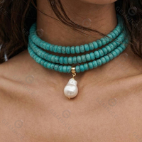 Collier ras-de-cou Gemnel Vintage en argent sterling 925 avec trois pierres turquoise parallèles et pendentif perle