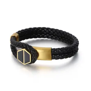 Pulsera de cuerda trenzada creativa europea y americana, pulsera de cuero de hombre chapada en oro de acero inoxidable