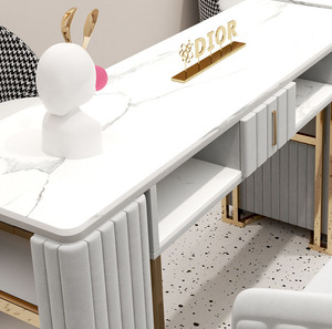 Table de manucure moderne avec plateau en marbre, en acier inoxydable, avec tiroirs de rangement et structure métallique - Product Image 5