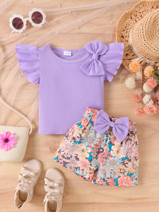 Completo estivo da <span class=keywords><strong>bambina</strong></span> 9M-3Y, viola, con fiocco, lavorato a maglia, maniche a volant, motivo floreale, pantaloncini corti, set di due pezzi. - Product Image 1