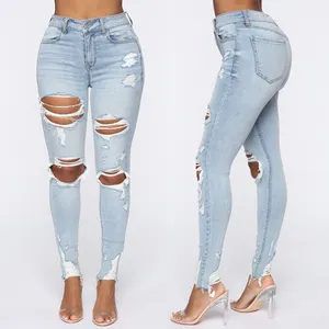 Custom Cheap Blue Pantalones Mujer Sexy Skinny Girls Tight High Waisted Distressed Skinny Jeans Stretch Women