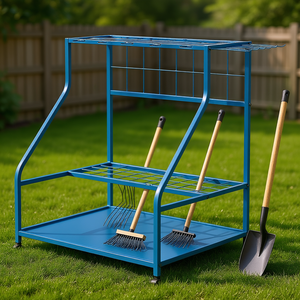 Étagère de rangement pour outils de jardin à 3 niveaux, bleue, avec structure métallique et crochets pour balais, pelles et autres outils de jardin, organiseur autoportant - Product Image 2