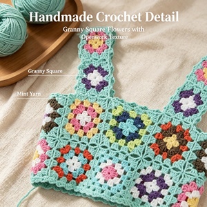 Top court en <span class=keywords><strong>crochet</strong></span> fait main <span class=keywords><strong>Granny</strong></span> Square, motif floral coloré, sans manches, style cami, débardeur bohème ajouré, tricoté, pour l'été et la plage, personnalisé - Product Image 2