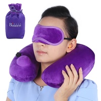 Oreiller de voyage démontable Portable oreiller de cou gonflable en forme de U masque pour les yeux bouchons d'oreilles polyester lavable pour voyage en avion