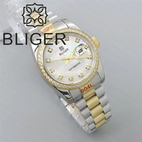 BLIGER Montre 31mm De Luxe Femmes Montre Automatique Bracelet Diamant Lunette Saphir Verre Blanc Mère Perle Cadran Étanche