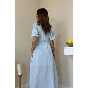 Wholesale Casual Baby Blue <b>Wrap</b>-Around Muslin <b>Linen</b> <b>Dress</b> - Product Image 1