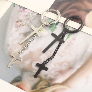 Nouvelles boucles d'oreilles créoles pendantes pour hommes en acier inoxydable, style punk, avec chaîne, croix, étoile, plume, araignée et longue pampille, 1 pièce - Product Image 4