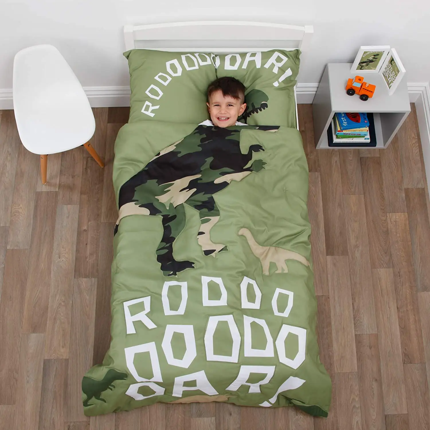 Dinosaur Green Camo 4-Piece Toddler Bed Set - Quilt Fitted Sheet Sheet Full Size Pillowcase