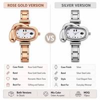 Nouvelle montre de luxe en forme de dessin animé avec bracelet en acier inoxydable, cadran en verre, design simple, présentée dans un coffret cadeau