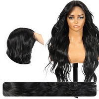 Perruque Lace Front Noire, Facile à Poser pour Débutantes, Partie en T, Sans Colle, Longue, Bouclée, Ondulée, avec Frange, pour Femmes, Cosplay, Usage Quotidien, Chine, 28IN # 1B)