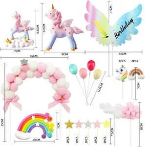 무지개와 유니콘 케이크 토퍼, 소녀 아이 여성 파티를 위한 날개 생일 배너, 구름, 풍선, 별 케이크 장식