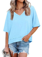 HOHI T-shirt décontracté pour femme, col en V, manches courtes, couleur unie, design à empiècements, respirant, séchage rapide, en coton tricoté, collection printemps-été