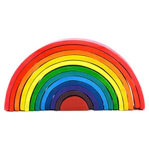 Commiki Montessori Rainbow Stacking Blocks Educational Hot Sale DIY Toys 12pcs Natural Wooden Rainbow Stacker Montessori Rainbow
